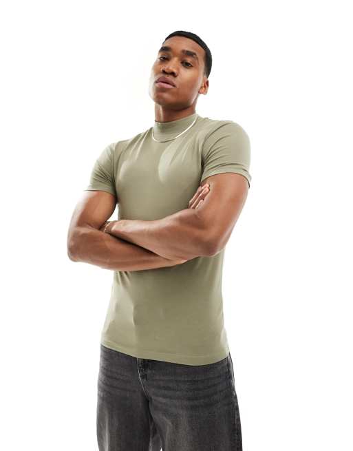 ASOS DESIGN essential muscle fit high neck t shirt in khaki ASOS