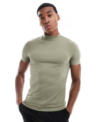 ASOS DESIGN essential muscle fit high neck t-shirt in khaki-Green