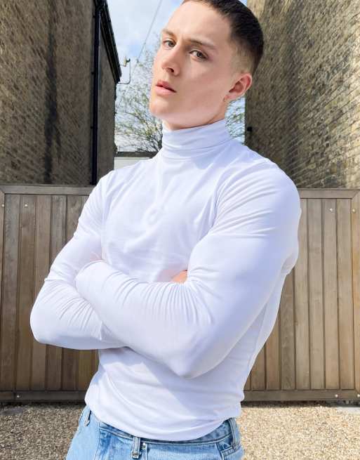 ASOS DESIGN essential muscle fit high neck t-shirt in white