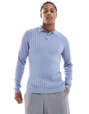 essential muscle fit knit rib polo neck sweater in blue