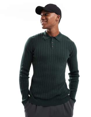 essential muscle fit knit rib polo neck sweater in dark green