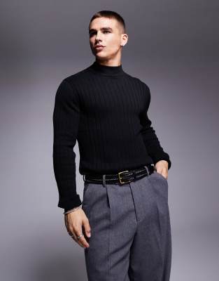 essential muscle fit knit rib turtleneck sweater in black