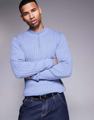 Asos Design Essential Muscle Fit Knitted Rib Quarter Zip Sweater In Blue