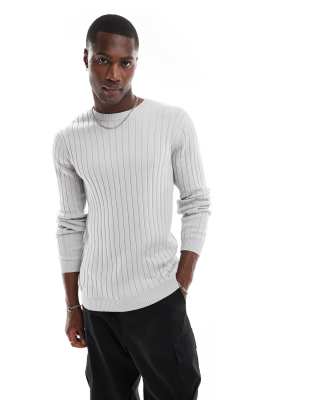 Asos Design Essential Muscle Fit Knit Ribbed Sweater In Light Gray