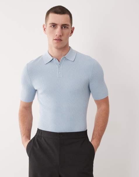 ASOS DESIGN Essential muscle fit knitted cotton blend rib polo in blue - LBLUE - LBLUE