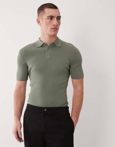 ASOS DESIGN Essential muscle fit knitted cotton blend rib polo in dark sage - LGREEN - LGREEN - view 1