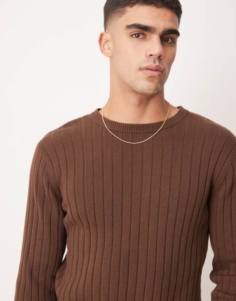 ASOS DESIGN essential muscle fit knitted rib jumper in brown - view 1