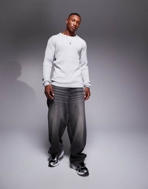 ASOS DESIGN essential muscle fit knitted rib jumper in light grey 