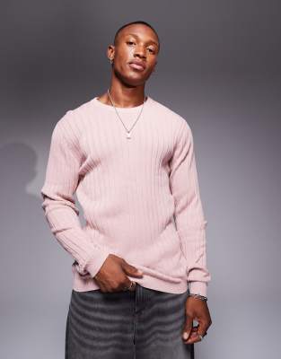 ASOS DESIGN essential muscle fit knitted rib jumper in pink