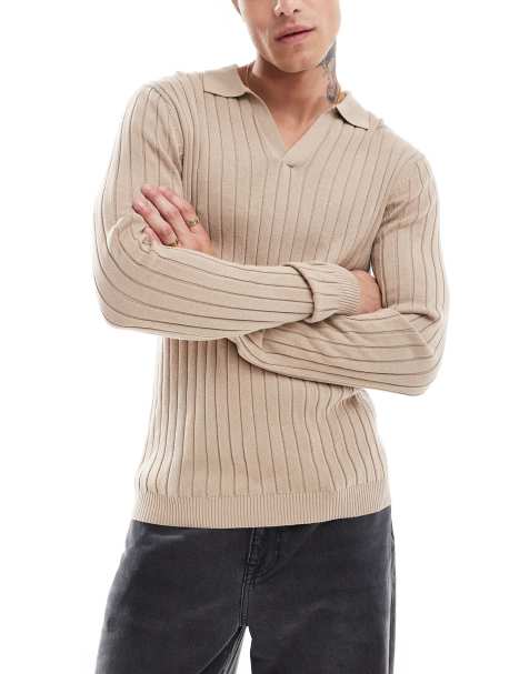 ASOS DESIGN essential muscle fit knitted rib notch neck jumper in taupe - view 1