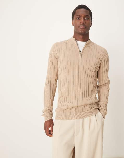 ASOS DESIGN essential muscle fit knitted rib quarter zip sweater in taupe - view 1