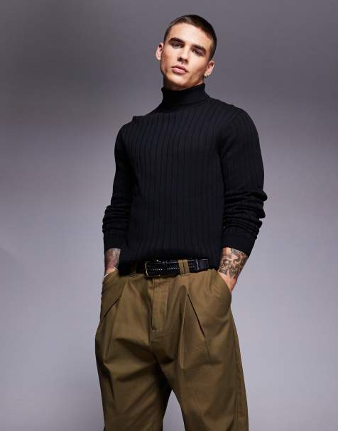ASOS DESIGN essential muscle fit knitted rib roll neck jumper in black - view 1