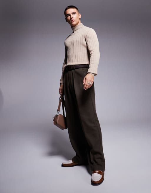 ASOS DESIGN essential muscle fit knitted rib roll neck jumper in taupe, 2 of 4