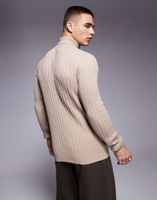 ASOS DESIGN essential muscle fit knitted rib roll neck jumper in taupe, 4 of 4