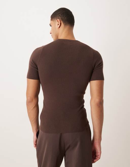 ASOS DESIGN essential muscle fit knitted rib saddle sleeve t-shirt in brown , 3 of 5