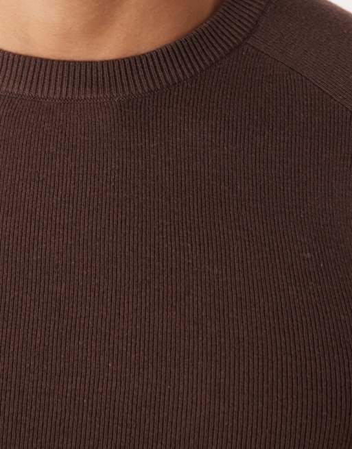ASOS DESIGN essential muscle fit knitted rib saddle sleeve t-shirt in brown , 5 of 5