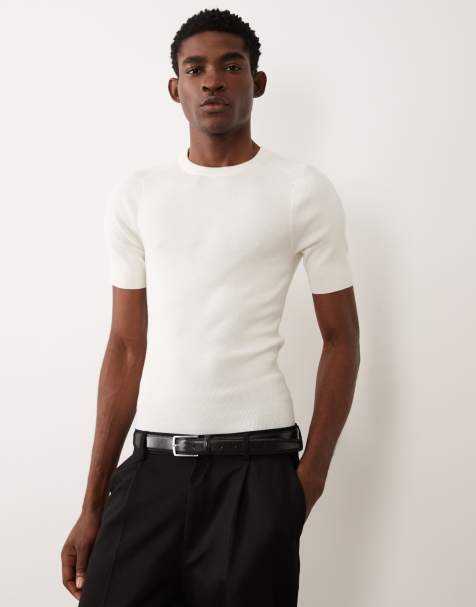 ASOS DESIGN essential muscle fit knitted rib saddle sleeve t-shirt in ecru - view 1