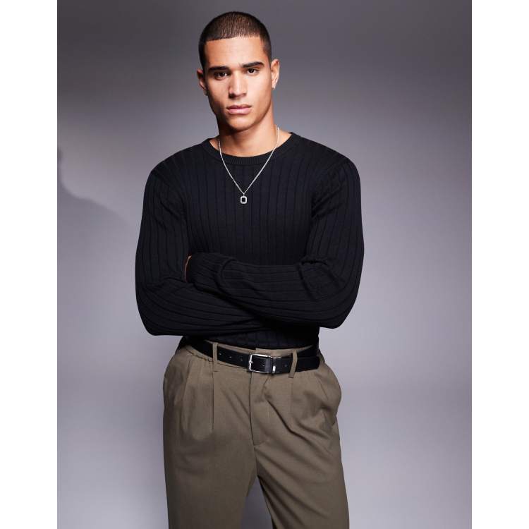 ASOS DESIGN essential muscle fit knitted rib sweater in black ASOS