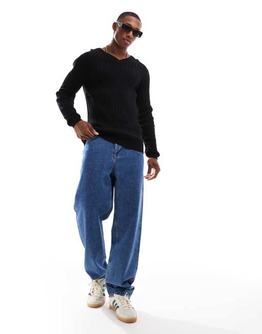 ASOS DESIGN essential muscle fit knitted rib v-neck jumper in black, 2 of 4