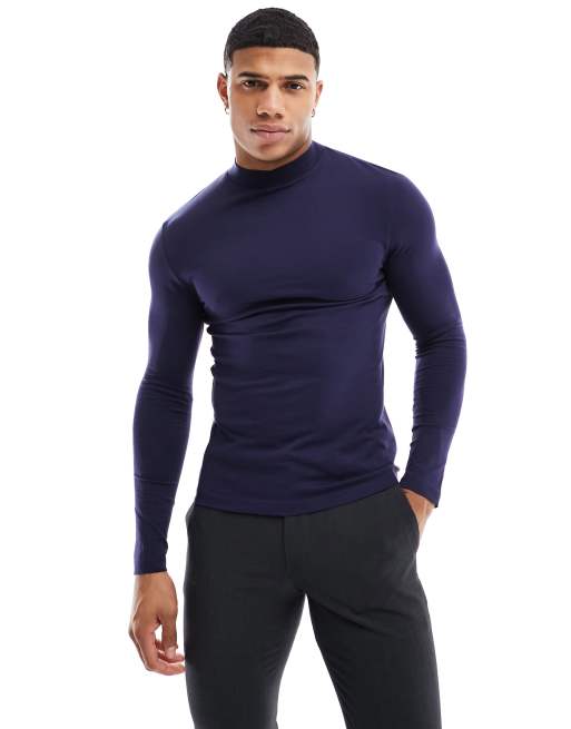 ASOS DESIGN essential muscle fit long sleeve high neck rib t-shirt in navy