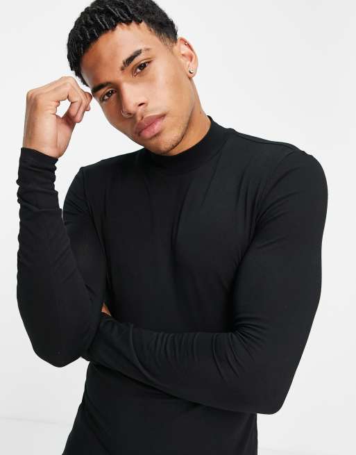 ASOS DESIGN essential muscle fit long sleeve high neck t shirt in black