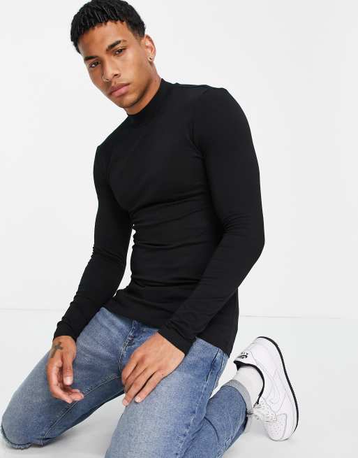 ASOS DESIGN essential muscle fit long sleeve high neck t shirt in black