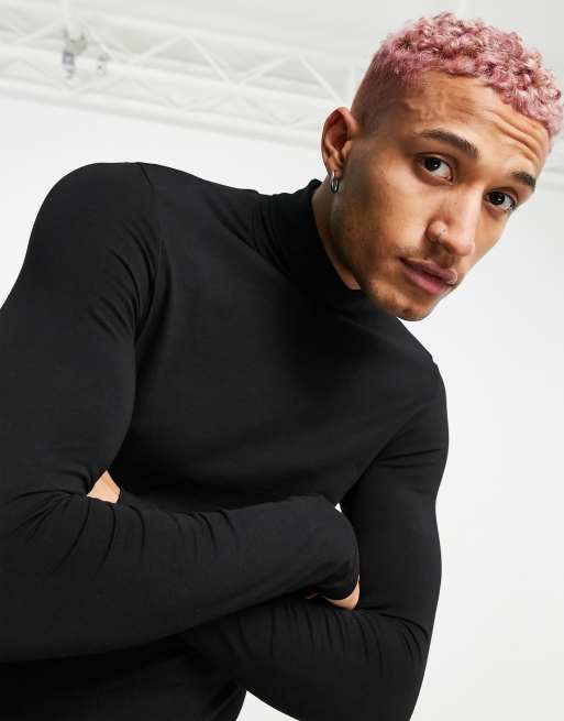 ASOS DESIGN essential muscle fit long sleeve high neck T-shirt in black, 3 of 4