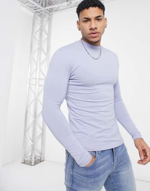 ASOS DESIGN essential muscle fit long sleeve high neck T-shirt in light blue