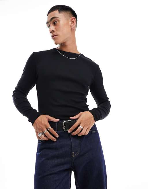 ASOS DESIGN essential muscle fit long sleeve rib t-shirt in black