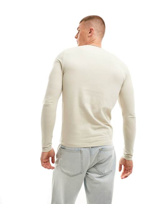 ASOS DESIGN essential muscle fit long sleeve t-shirt in beige, 3 of 4