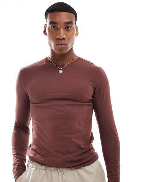 ASOS DESIGN essential muscle fit long sleeve t-shirt in brown - view 1