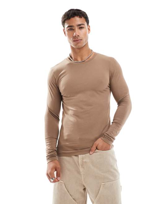 ASOS DESIGN essential muscle fit long sleeve t-shirt in brown 