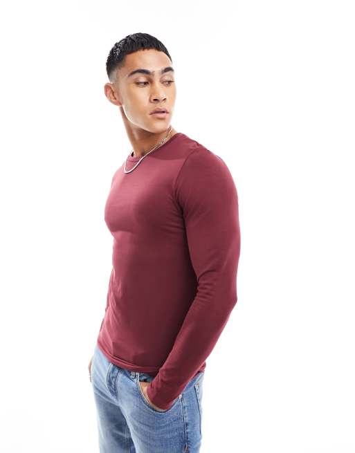 ASOS DESIGN essential muscle fit long sleeve t-shirt in burgundy
