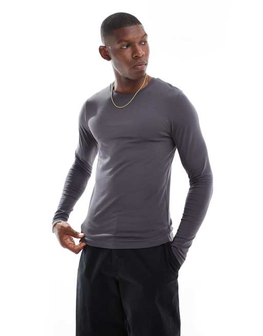 ASOS DESIGN essential muscle fit long sleeve t-shirt in charcoal 