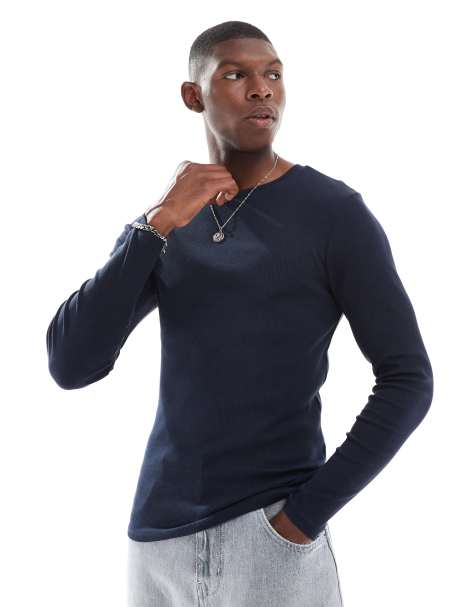 ASOS DESIGN essential muscle fit long sleeve t-shirt in navy rib - view 1