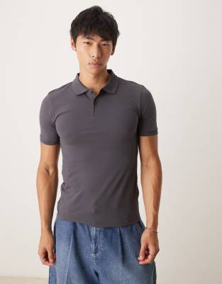 essential muscle fit polo in charcoal pique-Gray
