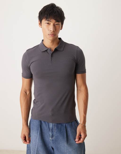 ASOS DESIGN essential muscle fit pique polo in charcoal  