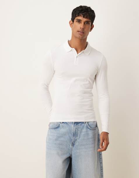 ASOS DESIGN essential muscle fit pique polo with long sleeves in white - view 1