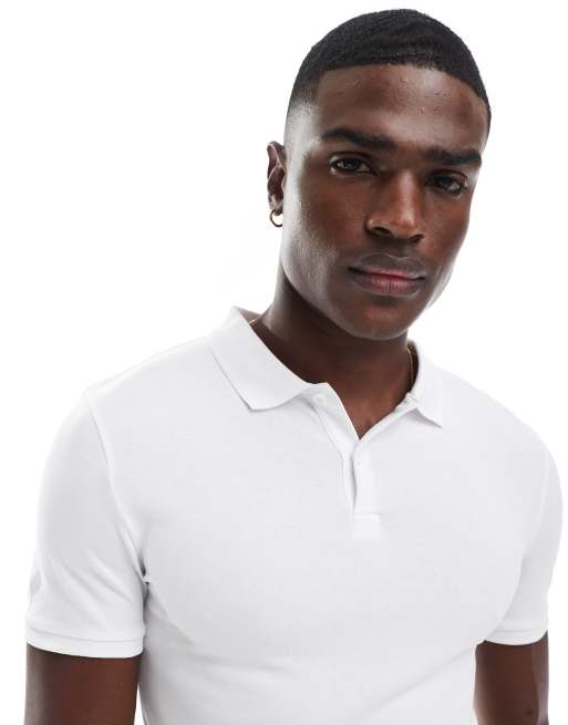 ASOS DESIGN essential muscle fit polo in white pique 