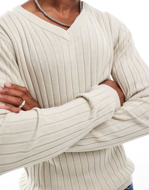 ASOS DESIGN essential muscle fit rib knit v-neck sweater in oatmeal, 3 of 4