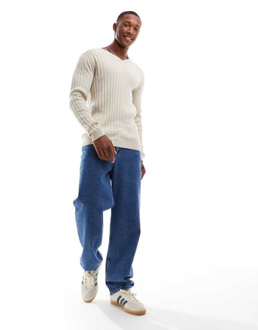 ASOS DESIGN essential muscle fit rib knit v-neck sweater in oatmeal, 4 of 4