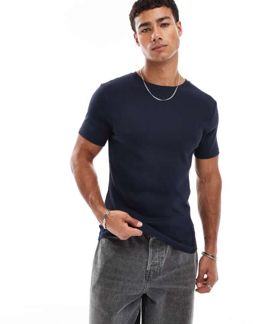 ASOS DESIGN essential muscle fit rib t-shirt in navy  