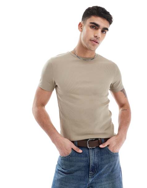 ASOS DESIGN essential muscle fit rib t-shirt in stone - view 1