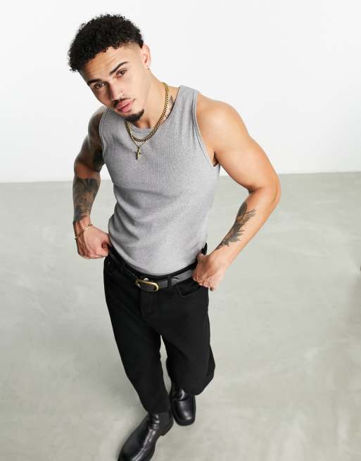 ASOS DESIGN essential muscle fit rib vest in grey marl 