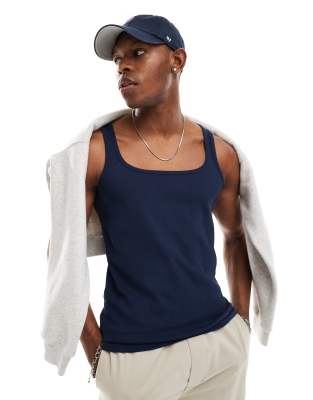 ASOS DESIGN essential muscle fit rib vest with square neck in navy | ASOS
