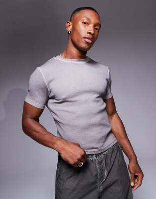 Asos Design Essential Muscle Fit Ribbed T-shirt In Gray