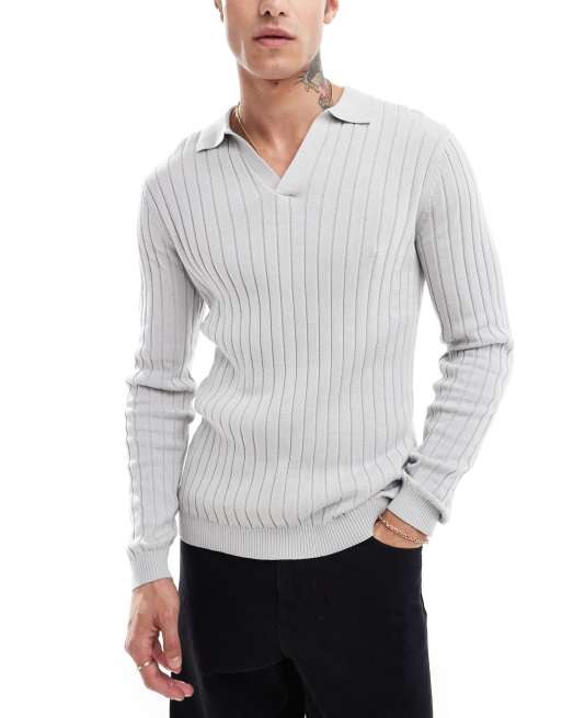 ASOS DESIGN - Essential - Muscle fit ribgebreide trui met inkeping in de hals in lichtgrijs