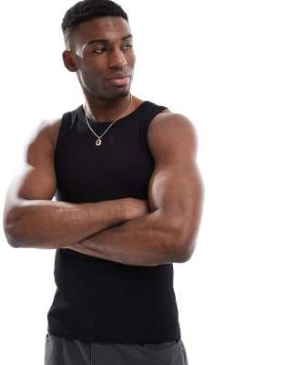 ASOS DESIGN essential muscle fit vest with crew neck in black rib