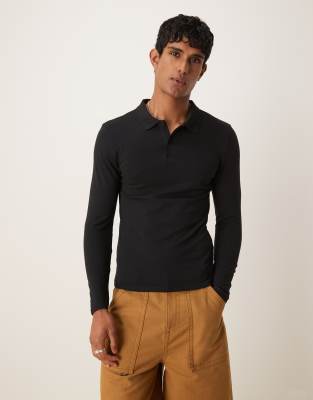 ASOS DESIGN essential muscle pique polo with long sleeves in black - view 1