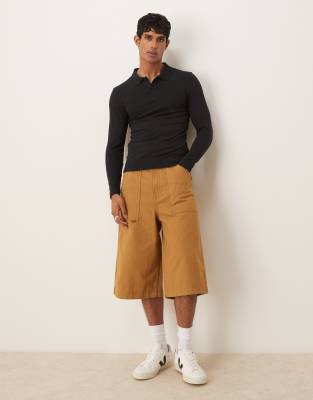 ASOS DESIGN essential muscle pique polo with long sleeves in black